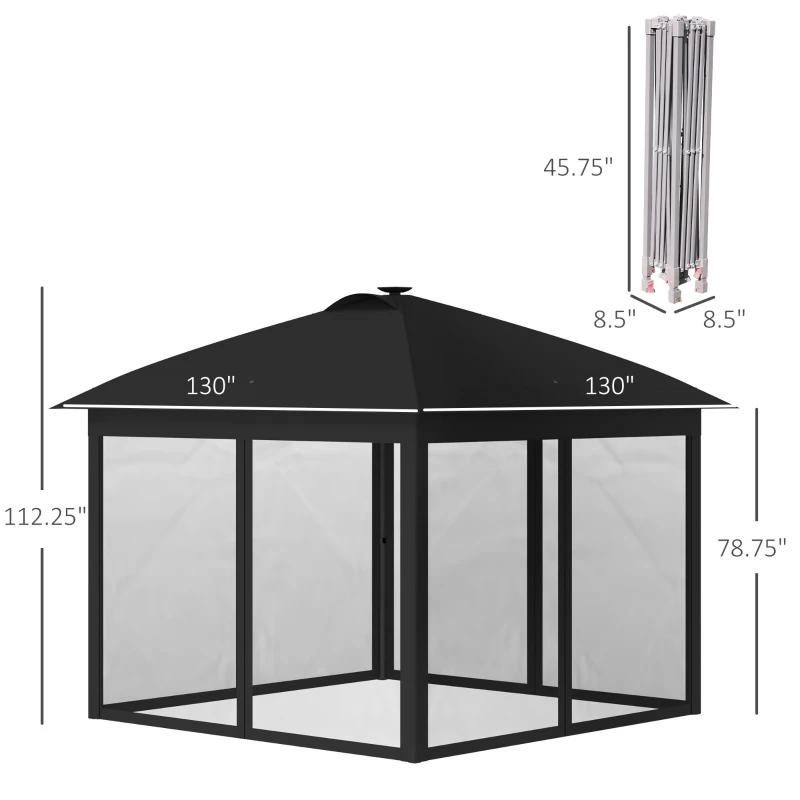 Outsunny 11' x 11' Pop Up Gazebo, Instant Canopy Tent with Solar LED Light, Remote Control, Netting and Carrying Bag for Backyard Garden Patio, Black