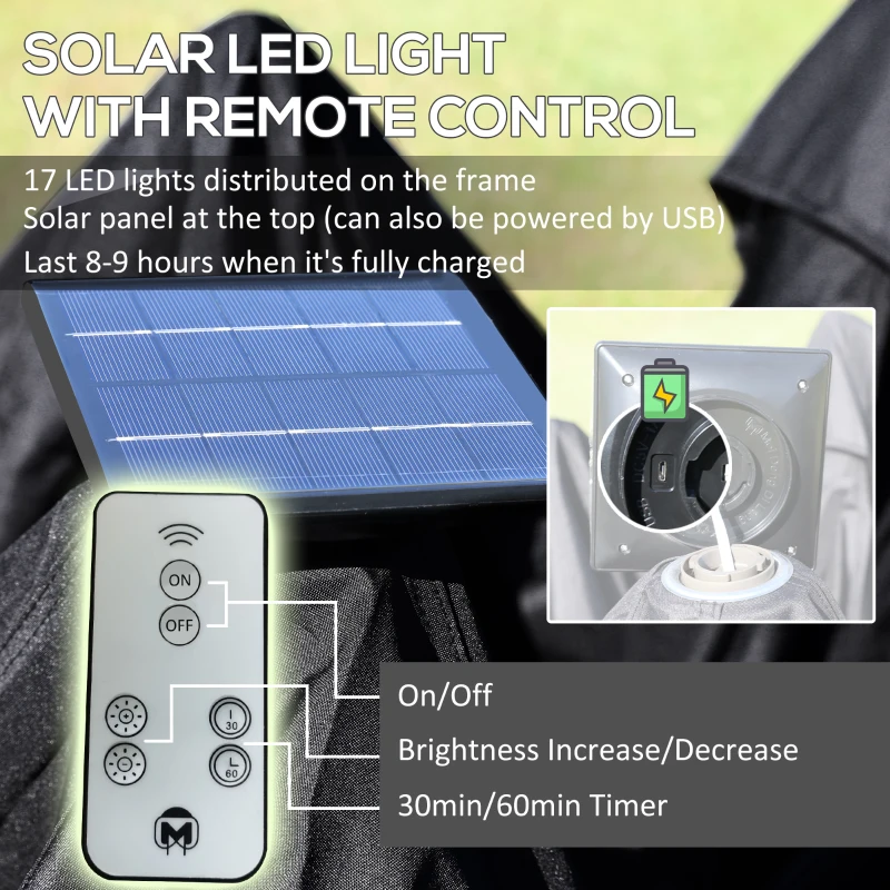 Outsunny 11' x 11' Pop Up Gazebo, Instant Canopy Tent with Solar LED Light, Remote Control, Netting and Carrying Bag for Backyard Garden Patio, Black