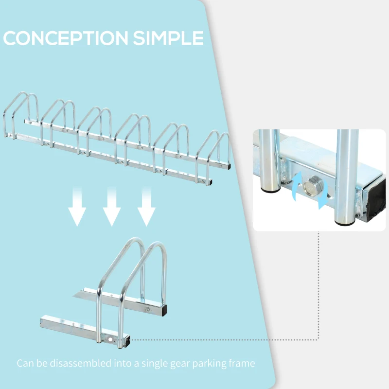 HOMCOM 6-Bike Bicycle Floor Parking Rack Cycling Storage Stand Ground Mount Garage Organizer for Indoor and Outdoor Use Silver