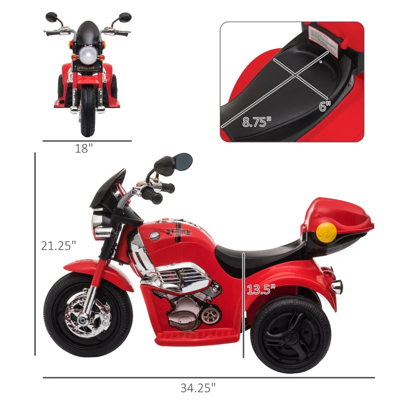 Aosom 6V Kids Motorcycle Dirt Bike Electric Battery-Powered Ride-On Toy Off-road Street Bike with Music & Horn Buttons, Stable 3-Wheel Design, & Rear Storage Space, Red