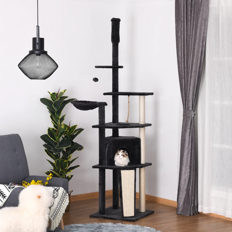PawHut Huge Cat Tree Floor to Ceiling Adjustable 82.75"-94.5" Activity Center High Kitten Multi-Level Condo with Scratching Post Pad Hammock Hanging Ball Jute Dark Grey