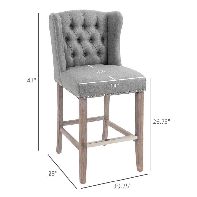 HOMCOM Counter Height Bar Stools Set of 2, Upholstered 26.75" Seat Height Barstools, Light Gray