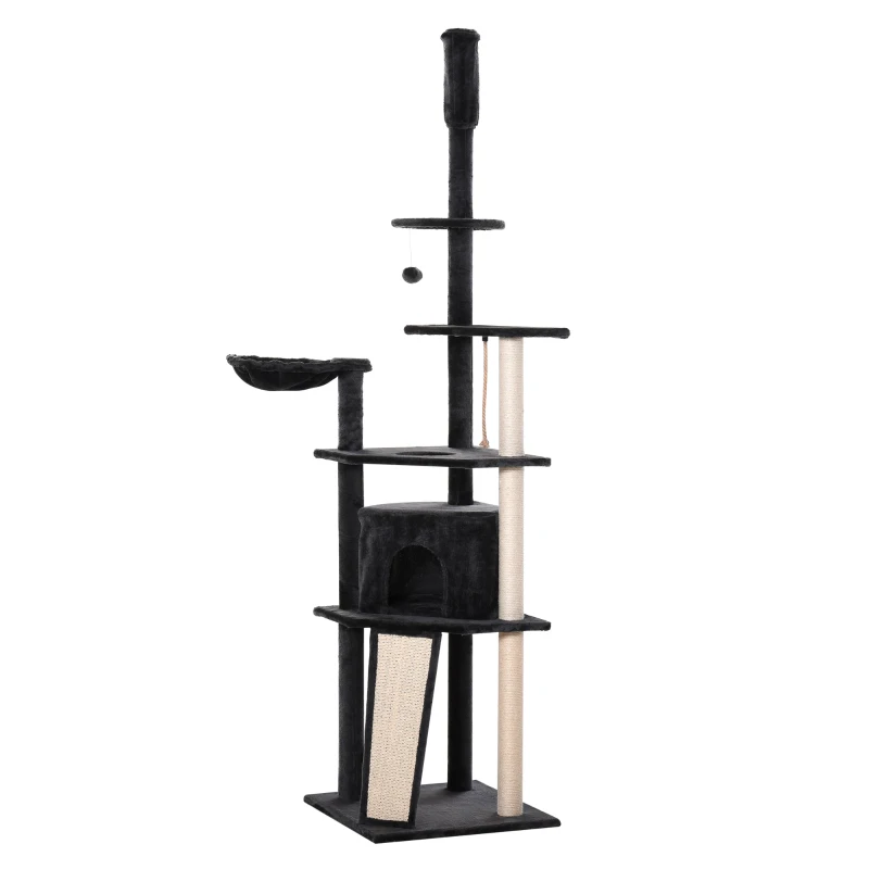 PawHut Huge Cat Tree Floor to Ceiling Adjustable 82.75"-94.5" Activity Center High Kitten Multi-Level Condo with Scratching Post Pad Hammock Hanging Ball Jute Dark Grey