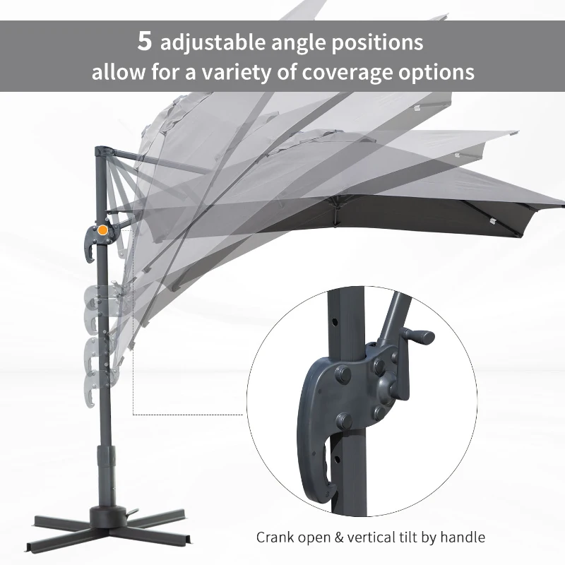 Outsunny 8' x 8' Square Patio Hanging Offset Umbrella Aluminum Outdoor Cantilever Crank Market Parasol Garden Sun Canopy Shelter 360° Rotation w/ Cross Base Grey