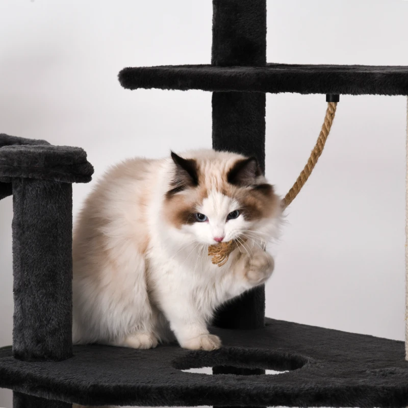 PawHut Huge Cat Tree Floor to Ceiling Adjustable 82.75"-94.5" Activity Center High Kitten Multi-Level Condo with Scratching Post Pad Hammock Hanging Ball Jute Dark Grey