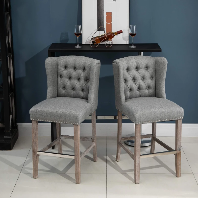 HOMCOM Counter Height Bar Stools Set of 2, Upholstered 26.75" Seat Height Barstools, Light Gray