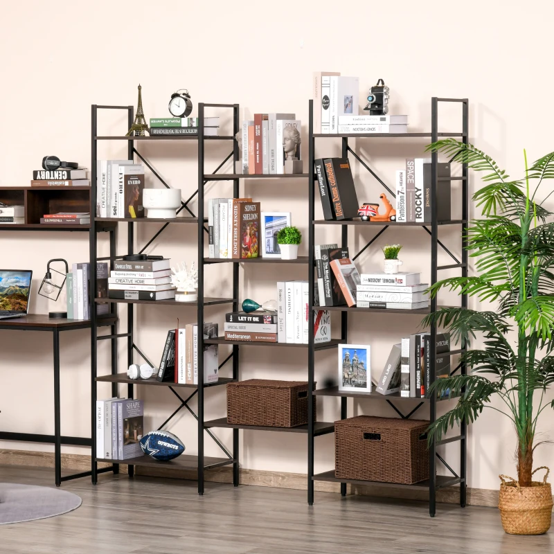 HOMCOM 5-Tier Industrial Bookcase with Open Storage, Bookshelf Display Rack with Metal Frame for Home Office, 70.75''L x 12.5''W x 70''H, Walnut