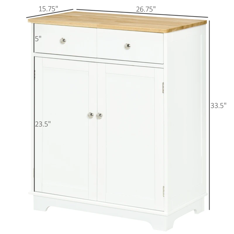 HOMCOM Kitchen Storage Cabinet, Sideboard Floor Cupboard with Solid Wood Top, Adjustable Shelf, and 2 Drawers for Living Room, and Hallway, White