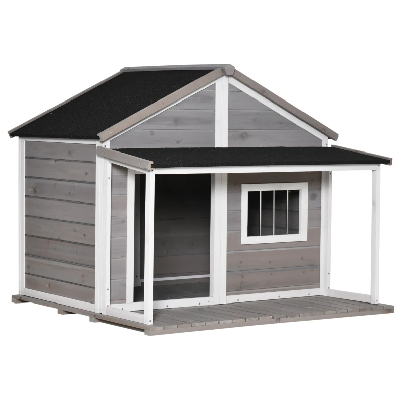 PawHut Outdoor Dog House Cabin Style, Wooden Raised Pet Kennel with Asphalt Roof, Front Door, Side Windows, Deck for Medium/Large Dogs, 53 Lbs., Grey
