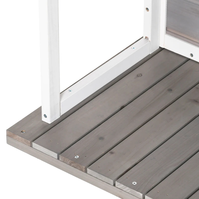 PawHut Outdoor Dog House Cabin Style, Wooden Raised Pet Kennel with Asphalt Roof, Front Door, Side Windows, Deck for Medium/Large Dogs, 53 Lbs., Grey