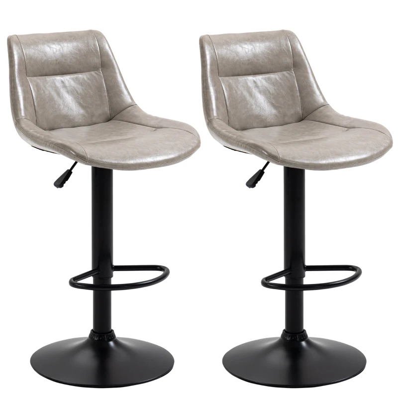 HOMCOM Adjustable Bar Stools Set of 2, Modern Kitchen Stools, 360 Degree Swivel Bar Height Chairs in PU Leather with Footrest, Grey