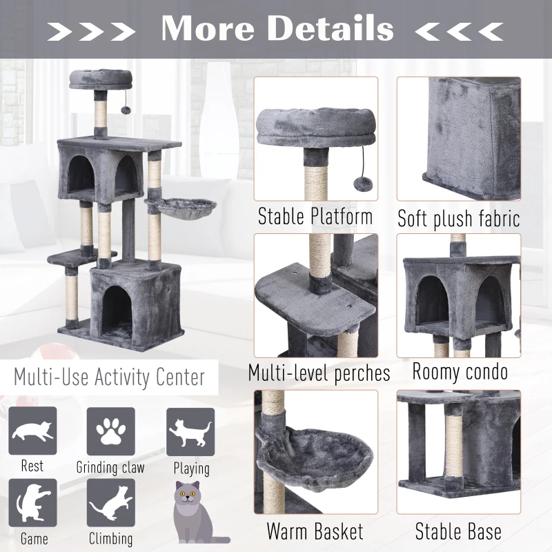 PawHut 57"H Multi-Level Cat Tree Scratcher Kitty Activity Center Condos