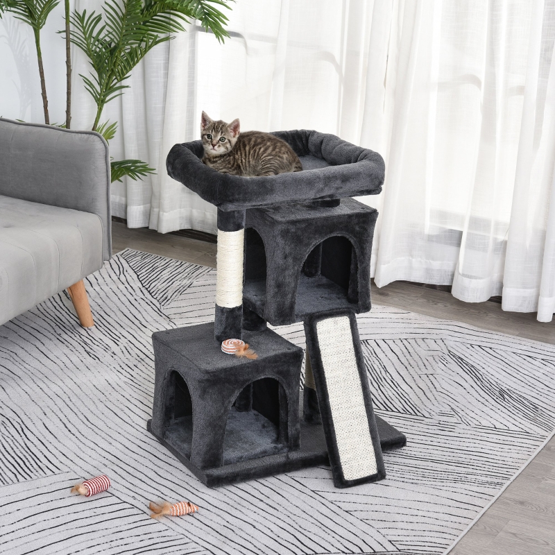 PawHut Plush Cat Tree Tower w/ Sisal Scratching Post Board Perch Condo Dark Grey