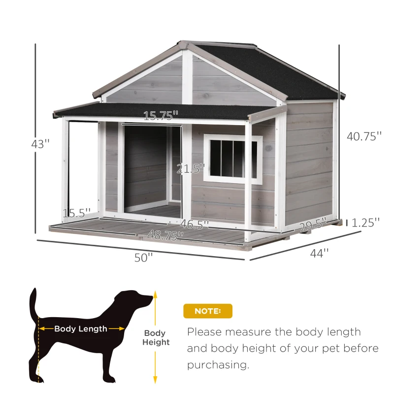 PawHut Outdoor Dog House Cabin Style, Wooden Raised Pet Kennel with Asphalt Roof, Front Door, Side Windows, Deck for Medium/Large Dogs, 53 Lbs., Grey