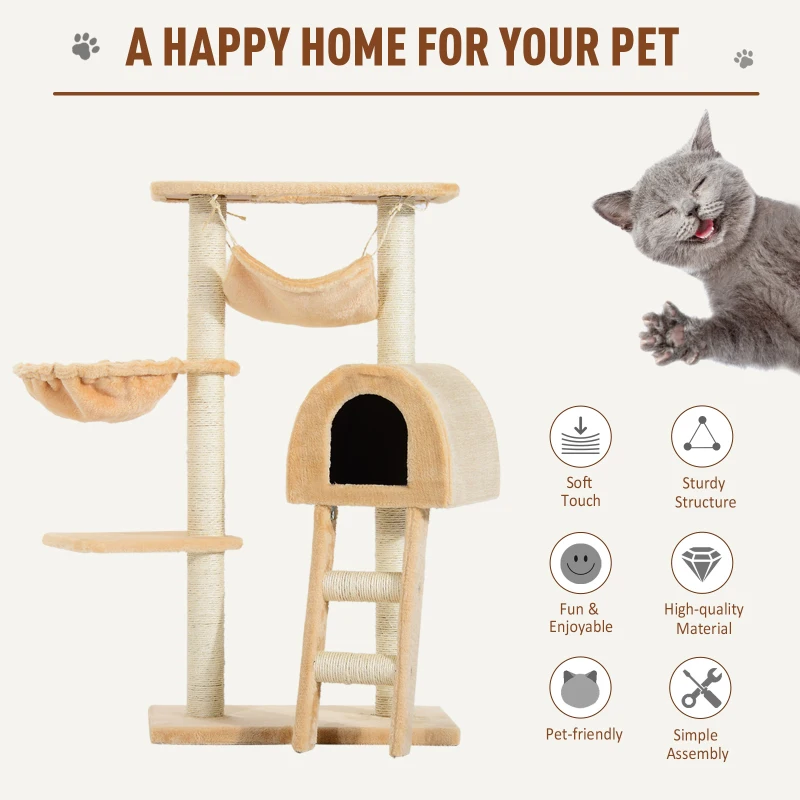 PawHut 39" Deluxe Cat Tree Tower Scratching Post Kitten Condo Activity Center Deep Cream