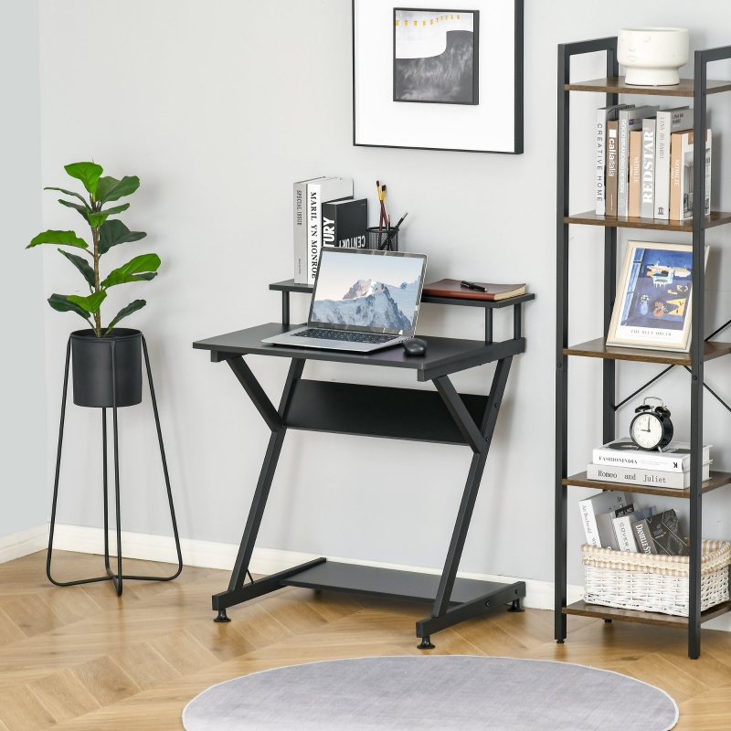 HOMCOM Compact Computer Desk, Industrial Z-Shaped Writing Desk with Monitor Shelf and Storage, Workstation for Home Office, Black