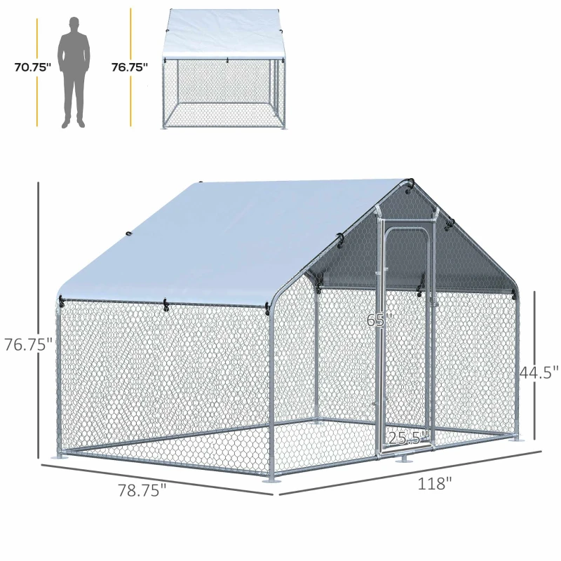 PawHut 9.8' x 6.6' Metal Chicken Coop, Galvanized Walk-in Hen House, Poultry Cage with 1.25" Tube, Waterproof UV-Protection Cover for Rabbits, Ducks