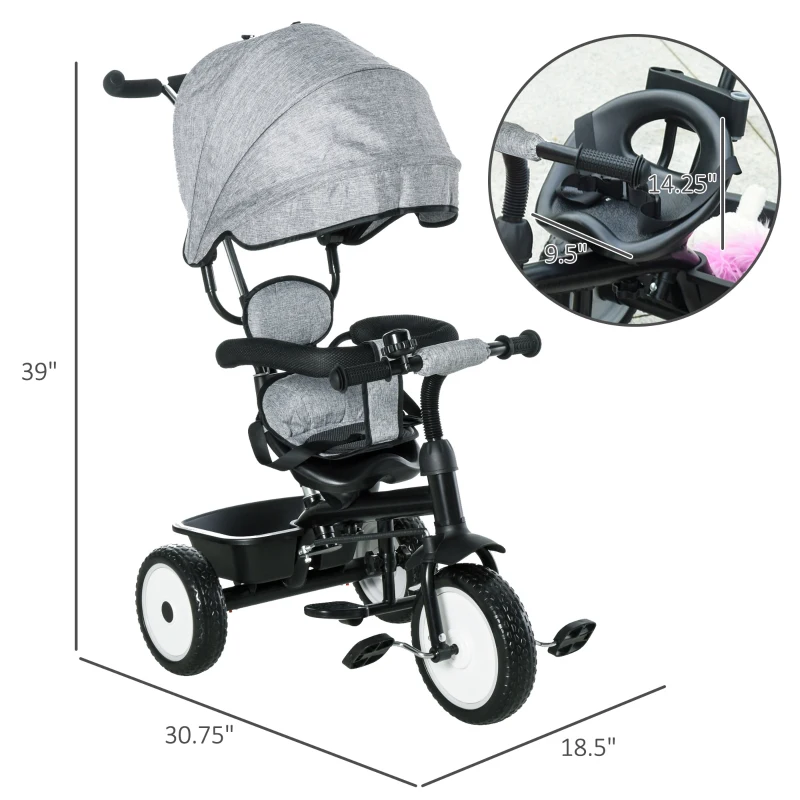 Qaba Baby Tricycle 2 In 1 Trike with Adjustable Canopy Detachable Guardrail Belt for Age 6-60 Months, Grey