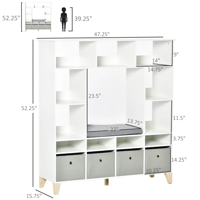 HOMCOM Kids Cube Storage Shelves with Bins and Large Storage for Kids Bedroom, Multiple Storage Units for Big Capacity Kids Shelf with Seat Featuring Thick Cushioning, White