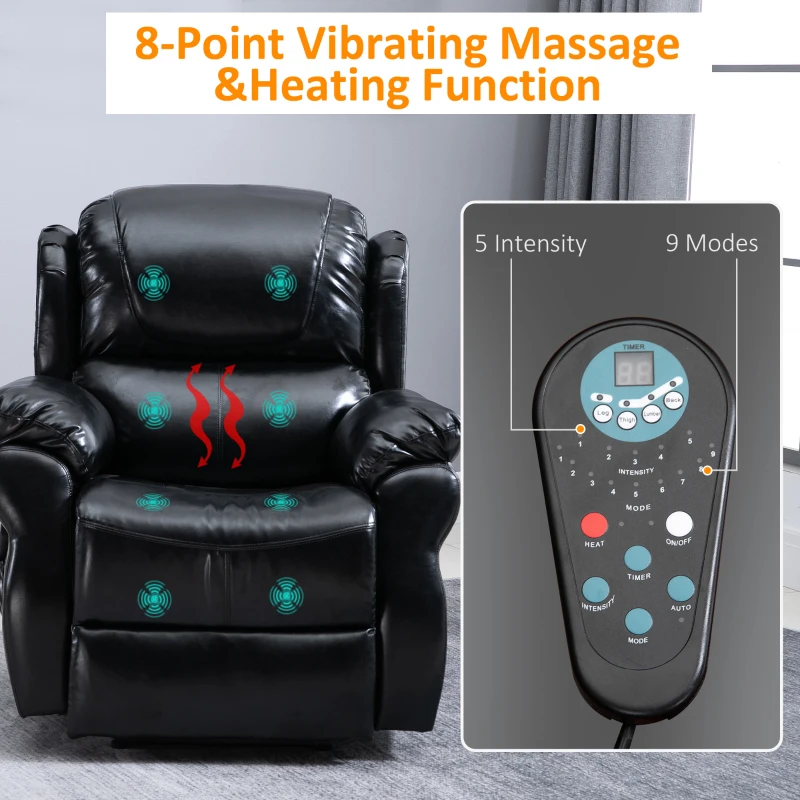 HOMCOM Vibration Massage Recliner Chair for Living Room with Heat,   Single Sofa, PU Leather Power Reclining Chair, Home Theater Seating with Footrest, Black