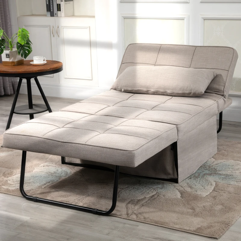 HOMCOM 4-In-1 Design Convertible Sofa Tea Table Lounge Chair Single Bed with 5-Level Adjustable Backrest, Footstool and Metal Frame for Living Room Bedroom, Light Brown