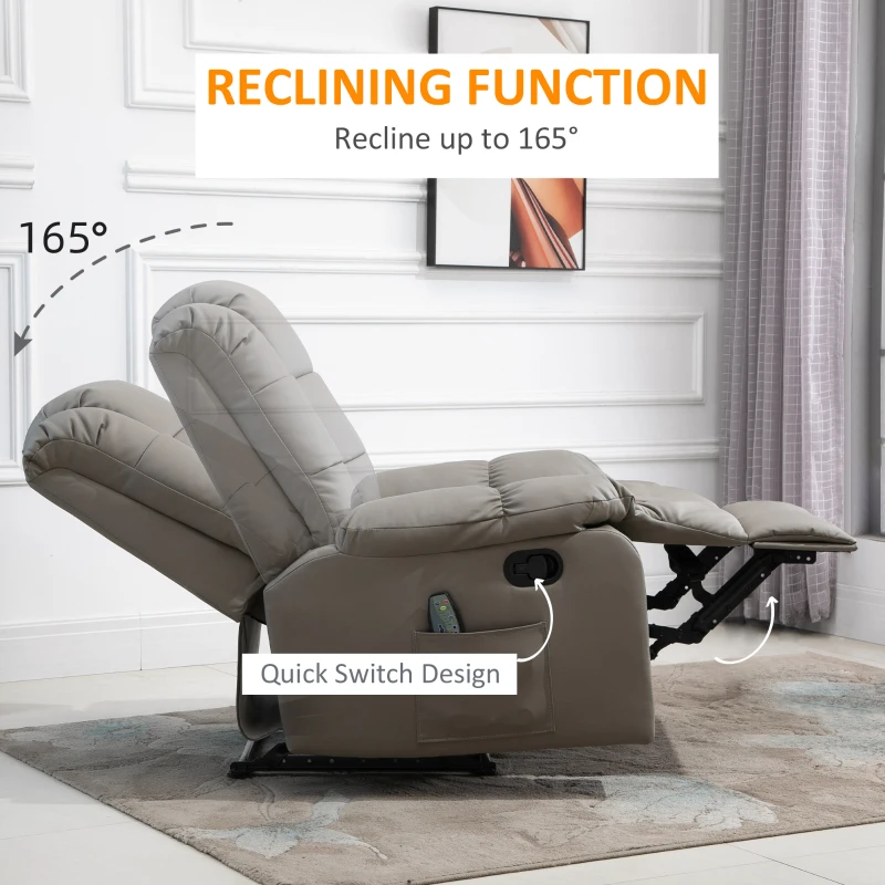 HOMCOM Overstaffed Vibration Massage Recliner Chair for Living Room, Modern Reclining Chair PU Leather Single Sofa Home Theater Seating with Footrest, Gray