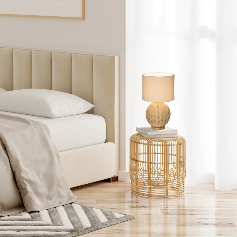 HOMCOM Nautical Style Table Lamp, Bedside Reading Light with White Fabric Lampshade and Rattan Base for E26 LED or Halogen Bulb for Living Room, Natural