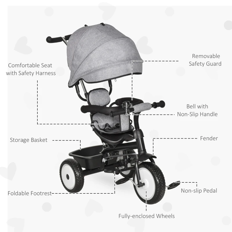 Qaba Baby Tricycle 2 In 1 Trike with Adjustable Canopy Detachable Guardrail Belt for Age 6-60 Months, Grey