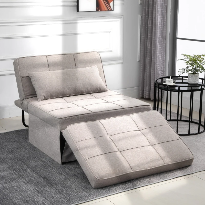 HOMCOM 4-In-1 Design Convertible Sofa Tea Table Lounge Chair Single Bed with 5-Level Adjustable Backrest, Footstool and Metal Frame for Living Room Bedroom, Light Brown