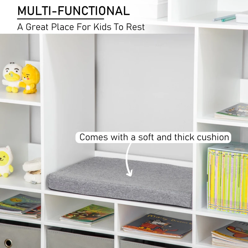 HOMCOM Kids Cube Storage Shelves with Bins and Large Storage for Kids Bedroom, Multiple Storage Units for Big Capacity Kids Shelf with Seat Featuring Thick Cushioning, White