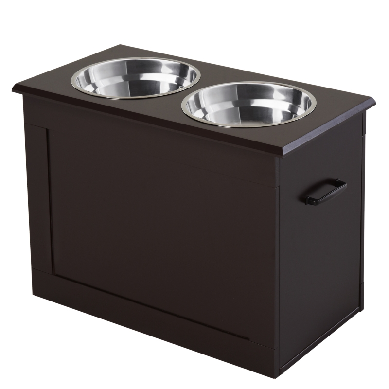 PawHut Raised Pet Feeding Storage Station with 2 Stainless Steel Bowls Base for Large Dogs and Other Large Pets - Dark Brown