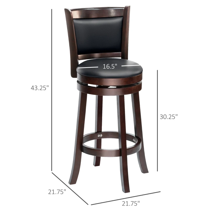 HOMCOM Classic Bar Stool Swivel Barstool with PU Leather Upholstered Mid-Back and Footrest, 30.25 Inch Seat Height, Black