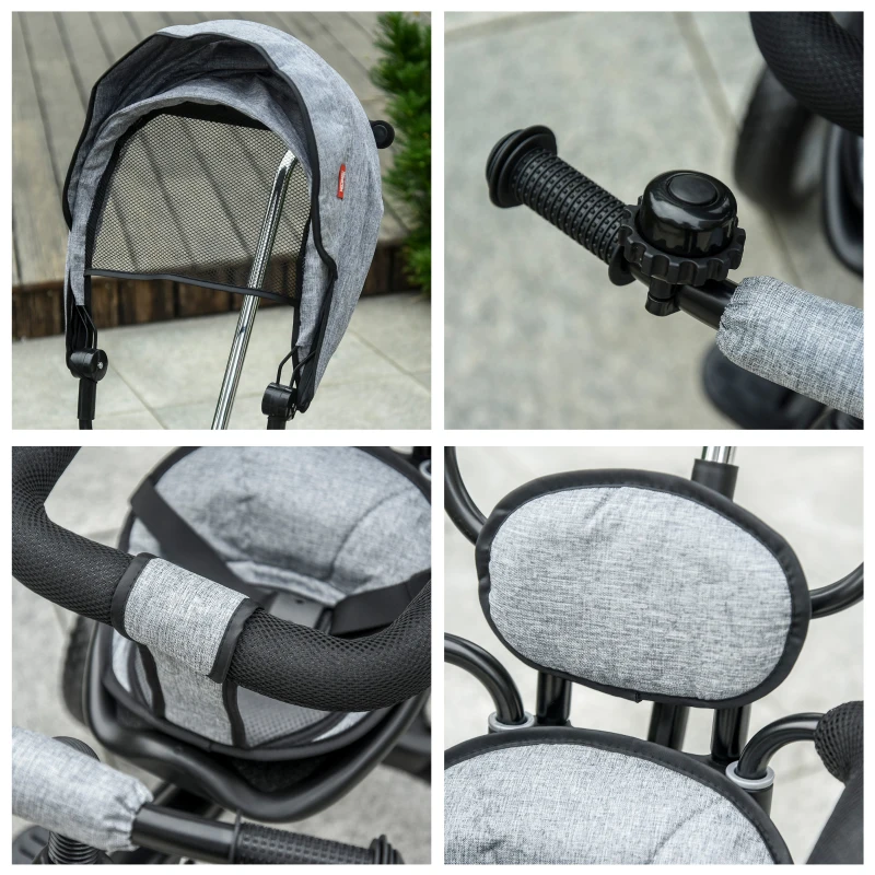 Qaba Baby Tricycle 2 In 1 Trike with Adjustable Canopy Detachable Guardrail Belt for Age 6-60 Months, Grey