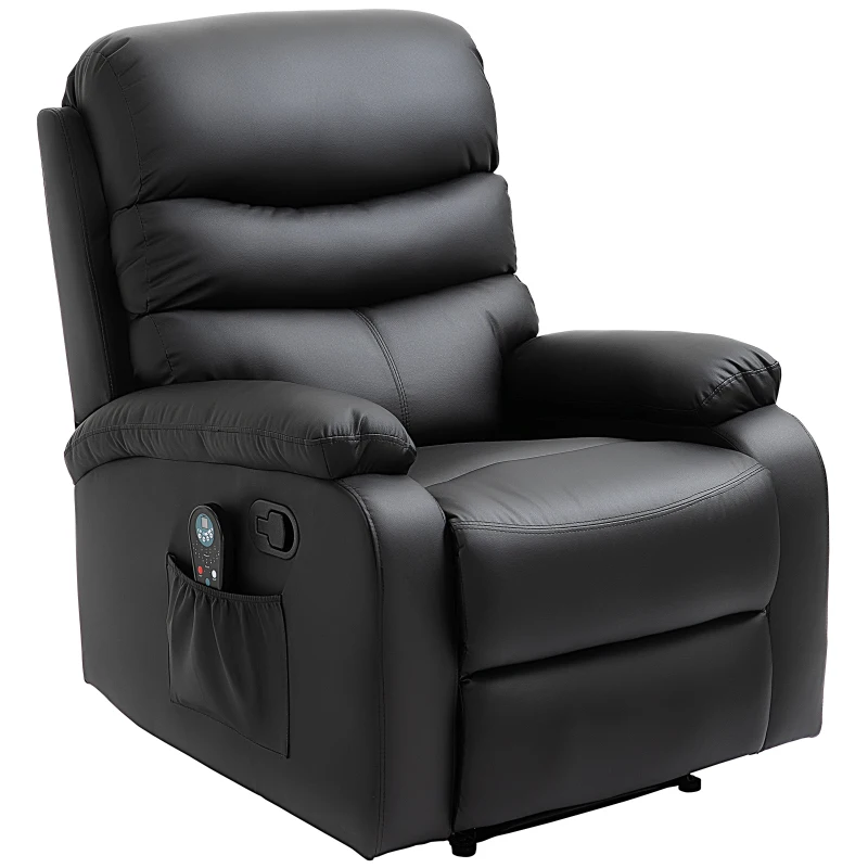 HOMCOM Manual Massage Recliner Chair Padding Single Sofa with Heat and Remote Control, 8 Massaging Points, Storage Pockets, PU Leather, Black