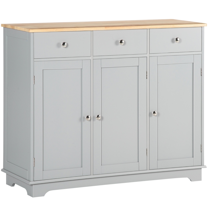 HOMCOM Modern Sideboard with Rubberwood Top, Buffet Cabinet with Storage Cabinets, Drawers and Adjustable Shelves, Grey