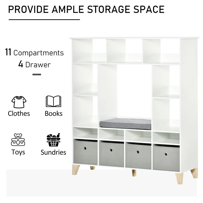 HOMCOM Kids Cube Storage Shelves with Bins and Large Storage for Kids Bedroom, Multiple Storage Units for Big Capacity Kids Shelf with Seat Featuring Thick Cushioning, White