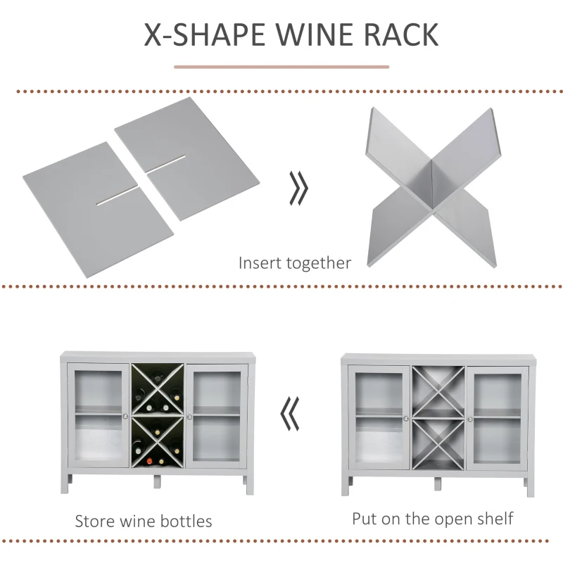 HOMCOM Sideboard Buffet Cabinet with Removable Wine Rack, Tempered Glass Door and Adjustable Shelves, Coffee Bar Cabinet for Living Room, Kitchen, Entryway, Gray