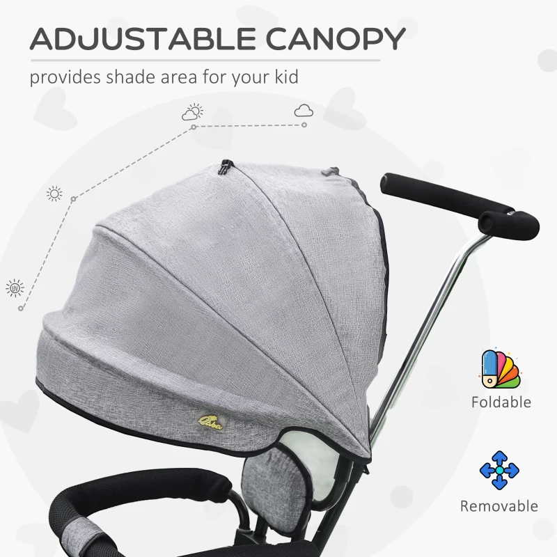 Qaba Baby Tricycle 2 In 1 Trike with Adjustable Canopy Detachable Guardrail Belt for Age 6-60 Months, Grey