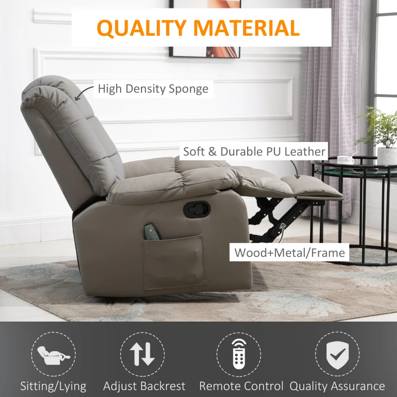 HOMCOM Overstaffed Vibration Massage Recliner Chair for Living Room, Modern Reclining Chair PU Leather Single Sofa Home Theater Seating with Footrest, Gray