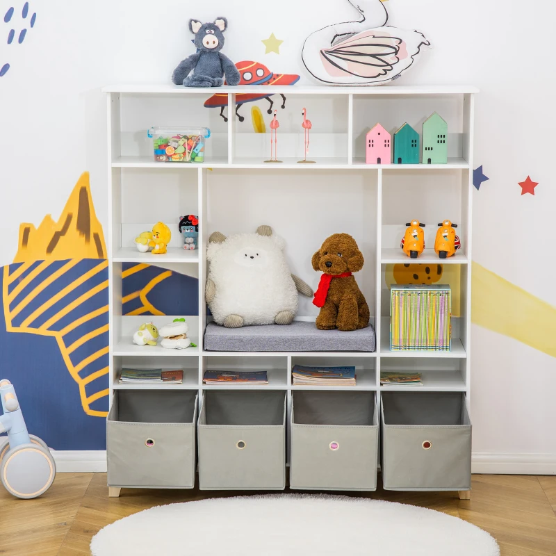 HOMCOM Kids Cube Storage Shelves with Bins and Large Storage for Kids Bedroom, Multiple Storage Units for Big Capacity Kids Shelf with Seat Featuring Thick Cushioning, White