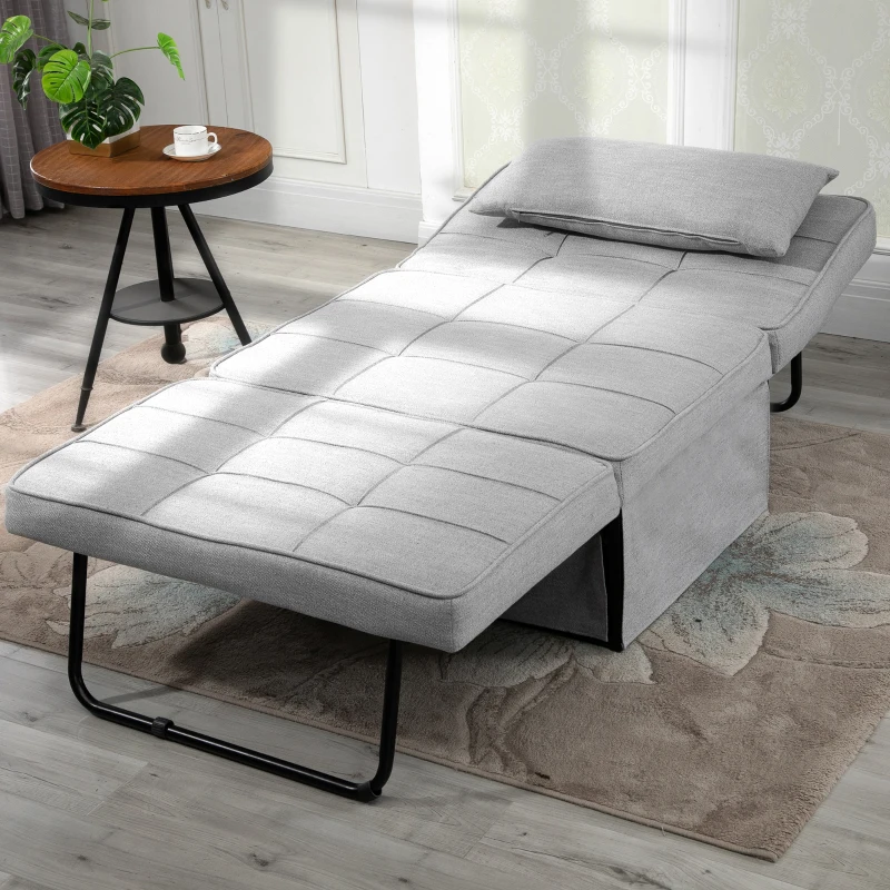 HOMCOM 4-In-1 Design Convertible Sofa Tea Table Lounge Chair Single Bed with 5-Level Adjustable Backrest, Footstool and Metal Frame for Living Room Bedroom, Grey