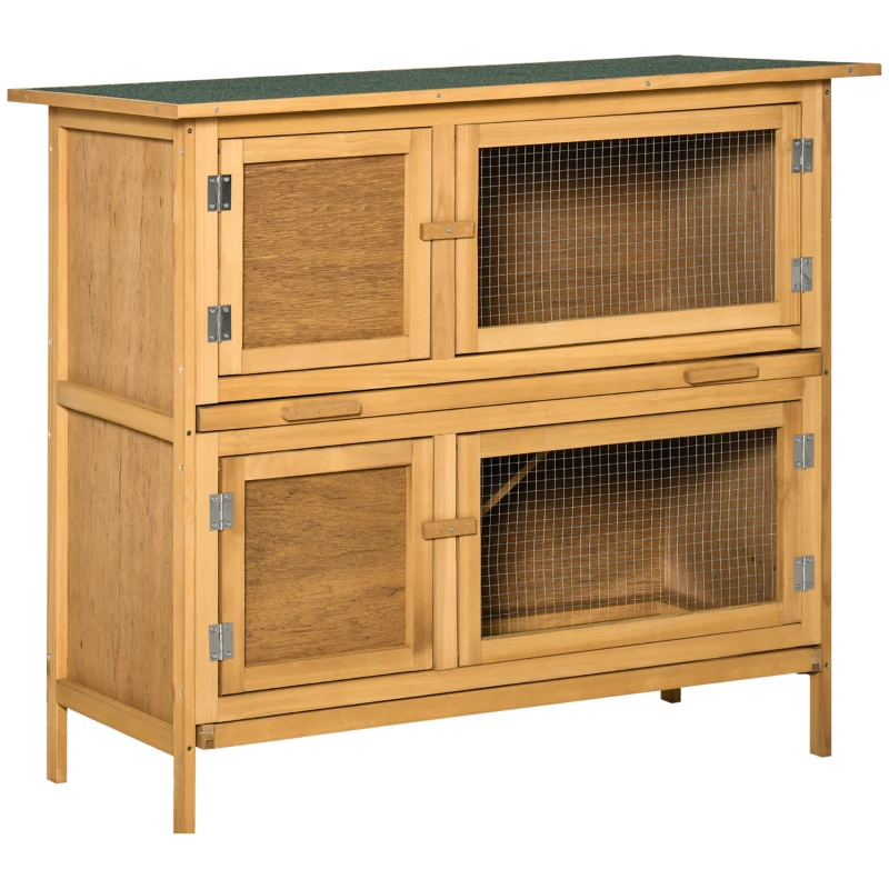 PawHut Solid Wood Rabbit/Bunny Hutch with 2 Large Main Rooms, Protection from UV Rays and Water, and Firm Cage, Yellow