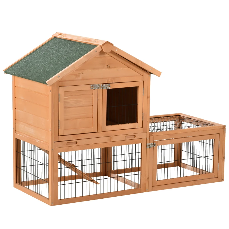 PawHut Wood Rabbit Hutch Bunny Small Animal House w/ Outdoor Run Portable Backyard Wooden with Outdoor Run