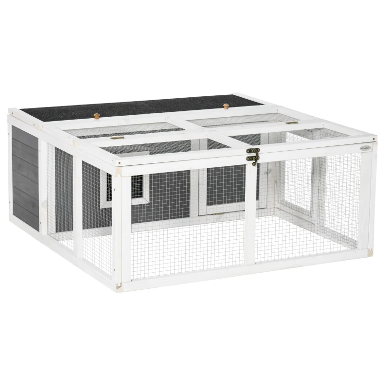 PawHut Wooden Rabbit Hutch Small Animal Cage Pet Run Indoor Outdoor with Openable Roof and Water-repellent Paint, Grey