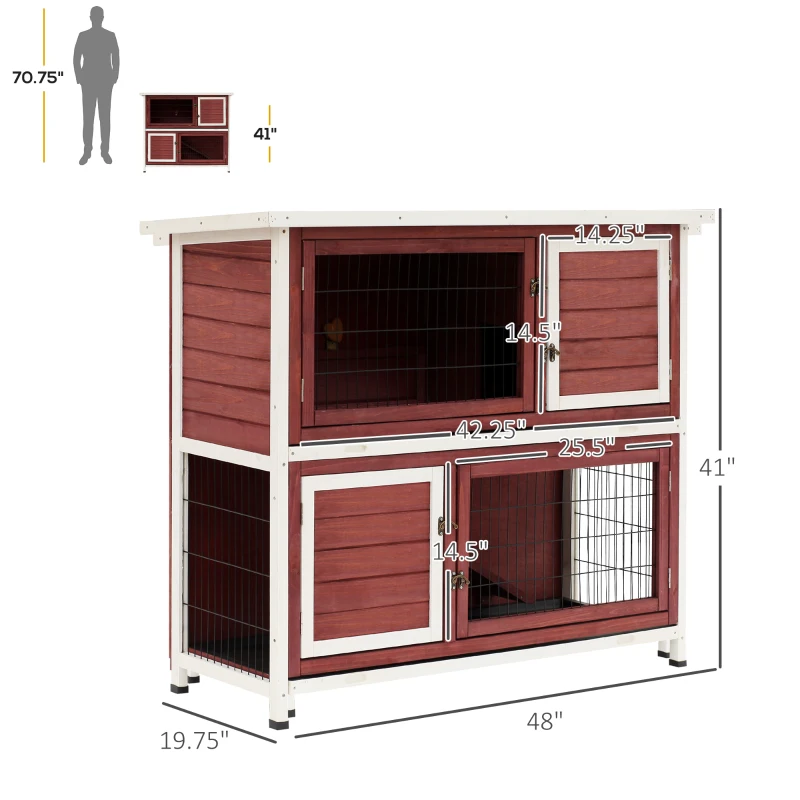PawHut 48" 2 Story Wooden Rabbit Hutch Elevated Bunny Cage Small Animal Home Habitat  w/ Ramp, 2 Slide Out Tray, Openable Roof, Multiple doors