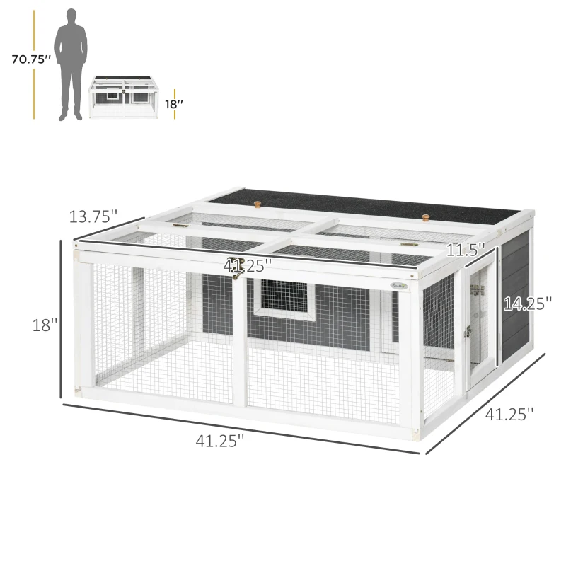 PawHut Wooden Rabbit Hutch Small Animal Cage Pet Run Indoor Outdoor with Openable Roof and Water-repellent Paint, Grey