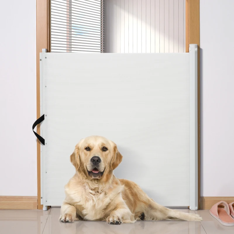 Pawhut Retractable Mesh Pet Safety Barrier Gate, Flexible and Extensible Safety Dog Gate Easy to Roll and Latch for Stairways Doorways Hallways, 45'' x 32", White
