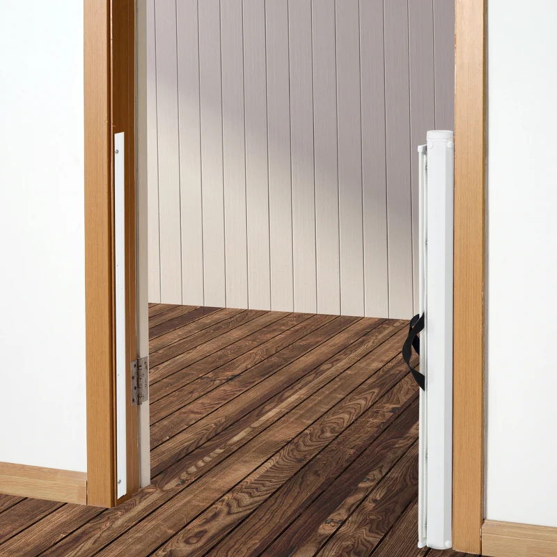 Pawhut Retractable Mesh Pet Safety Barrier Gate, Flexible and Extensible Safety Dog Gate Easy to Roll and Latch for Stairways Doorways Hallways, 45'' x 32", White