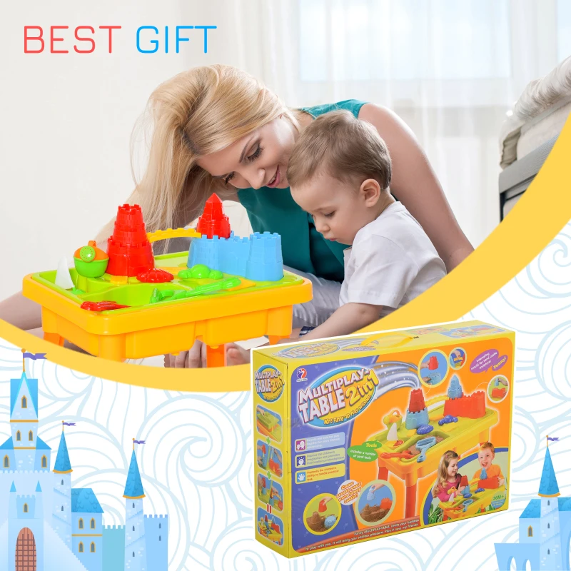 Qaba 23PCs Kids Sand and Water Table Beach Play Toddler Activity Sandbox Summer Beach Toy sets with Castle Shape Molds Lid Accessories Multicolor
