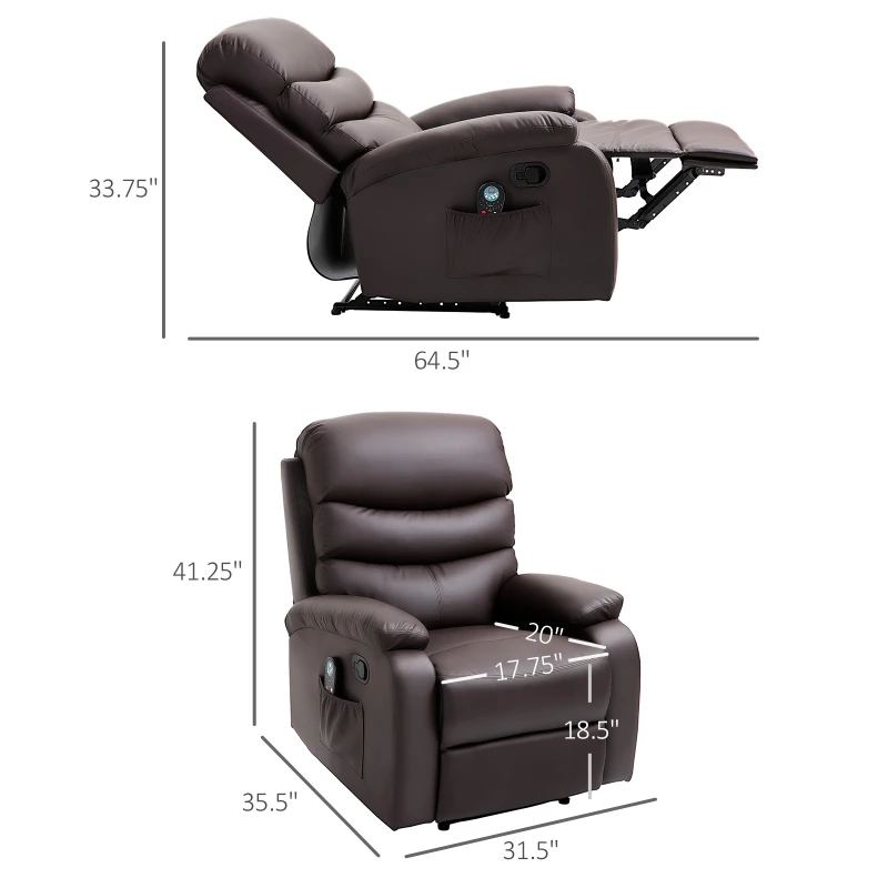 HOMCOM Manual Massage Recliner Chair Padding Single Sofa with Heat and Remote Control, 8 Massaging Points, Storage Pockets, PU Leather, - Brown